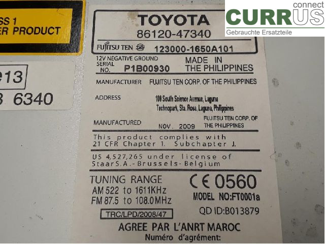 TOYOTA PRIUS ZVW30  09- Radio CD / panneau multimédia 86120-47340 2ZR-FXE