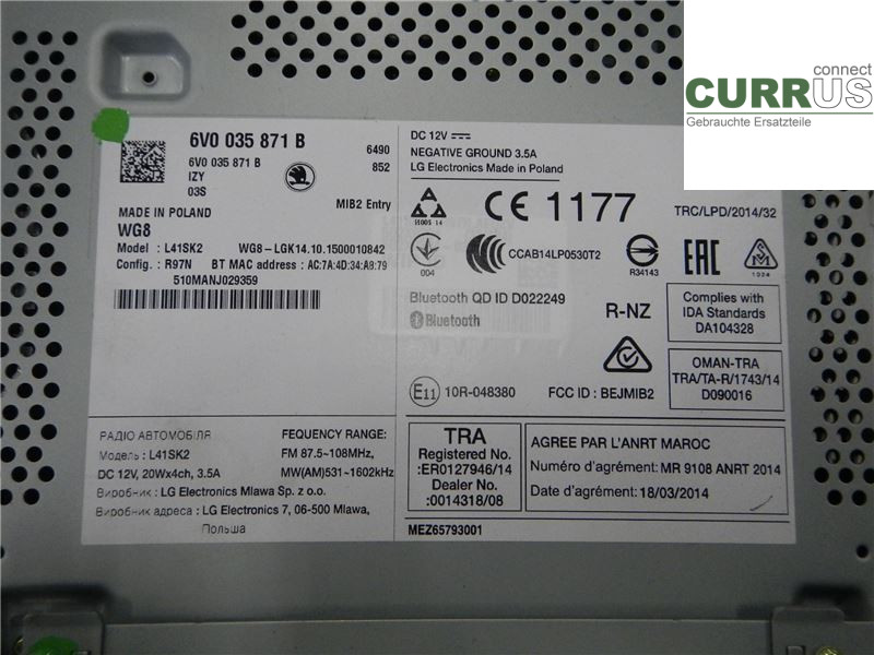 SKODA FABIA  15- Radio CD /Multimediapanel 6V0035871B 1,2 TSI