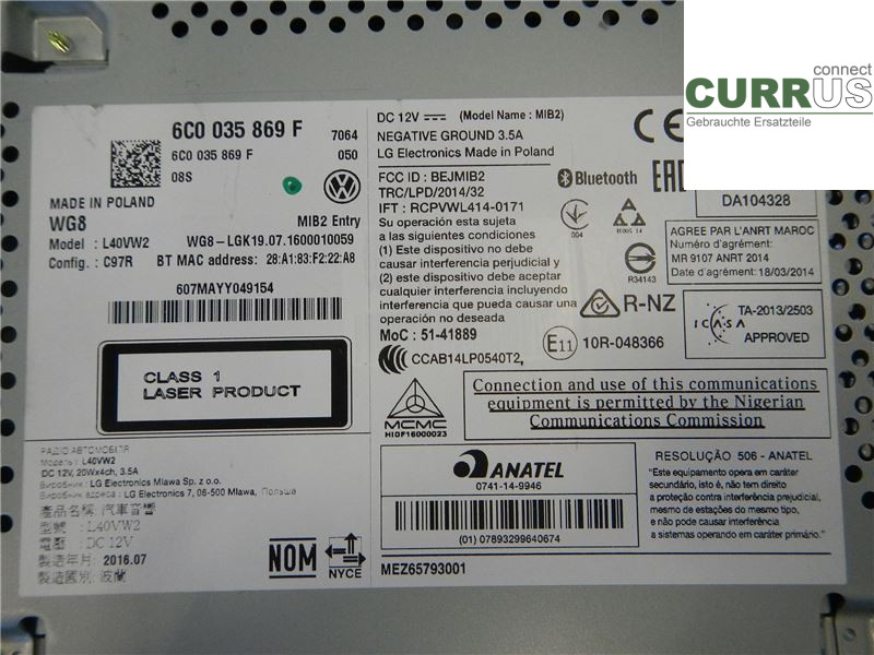 VW POLO       10-17 Radio-CD-/Multimedia-Panel 6C0035869F 1,2 TSI