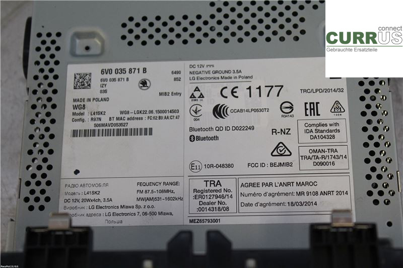 SKODA FABIA  15- Radio CD / panneau multimédia 6V0035871B 1,2 TSI