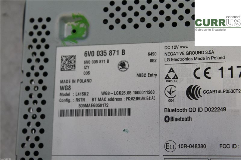SKODA FABIA  15- Radio CD / panneau multimédia 6V0035871B 1,2 TSI