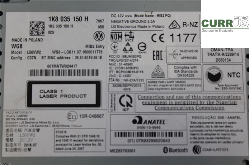 VW TRANSP/CARAVELLE 16- Radio CD / Multimedia panel 1K8035150H CXHA