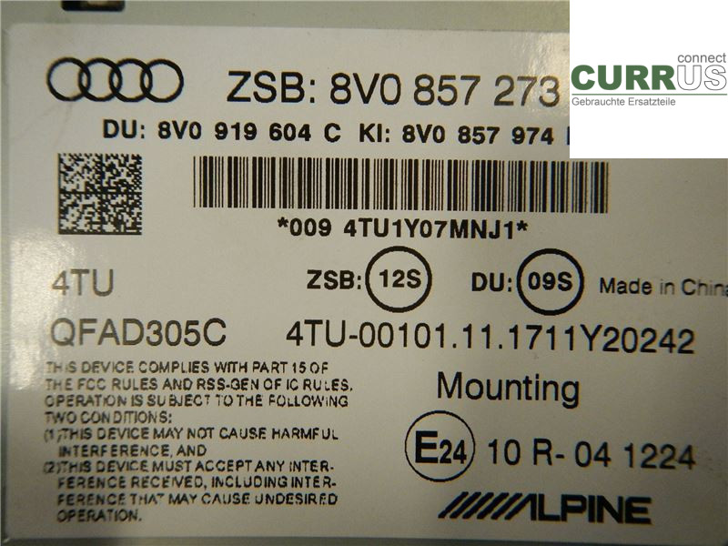 AUDI A3/S3 8V  13-20 Kontrolskærm 8V0919604C DADA