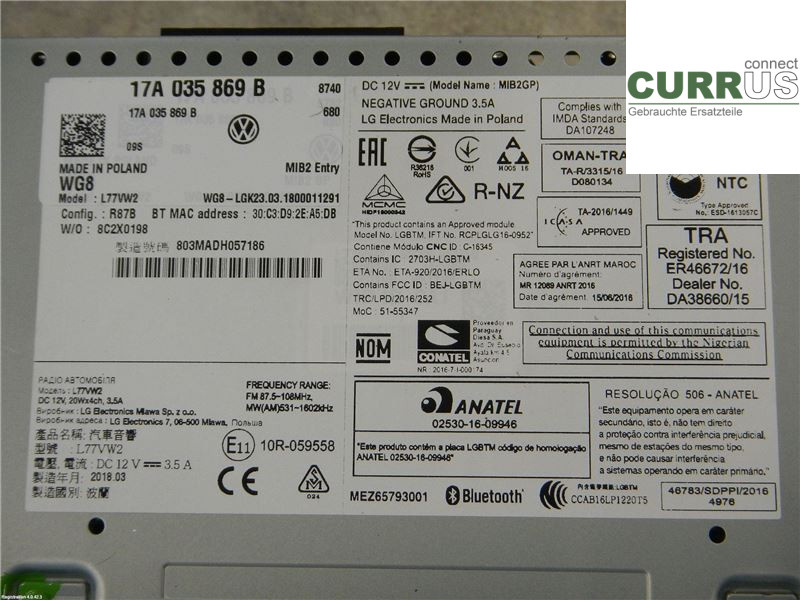 VW POLO VI 18- Radio CD / Multimedia panel 17A035869B CHZL