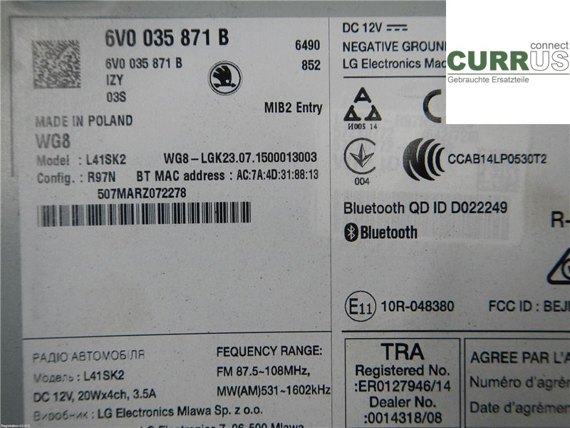 SKODA FABIA  15- Radio CD / panneau multimédia 6V0035871B 1.2 CJZC