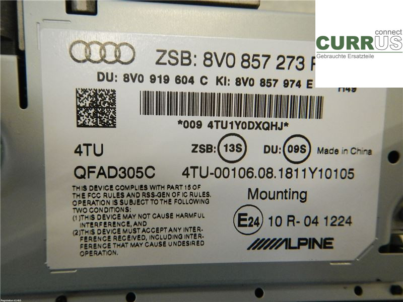 AUDI A3/S3 8V  13-20 Kontrolskærm 8V0857273P 1.5 DADA