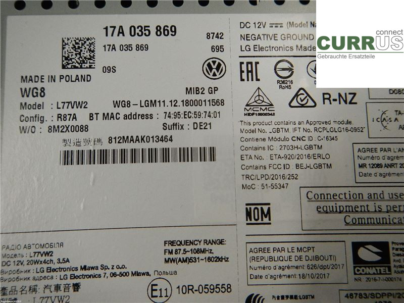 VW POLO VI 18- Radio CD / Multimedia panel 17A035869 1,0L DKLA