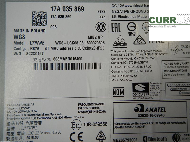 VW POLO VI 18- Radio CD / Multimedia panel 17A035869 1.0L CHZL