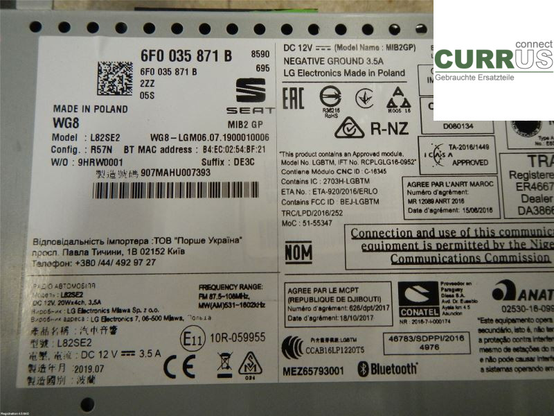 SEAT ARONA Radio CD / panel multimedialny 6F0035871B 1.0L DKRF