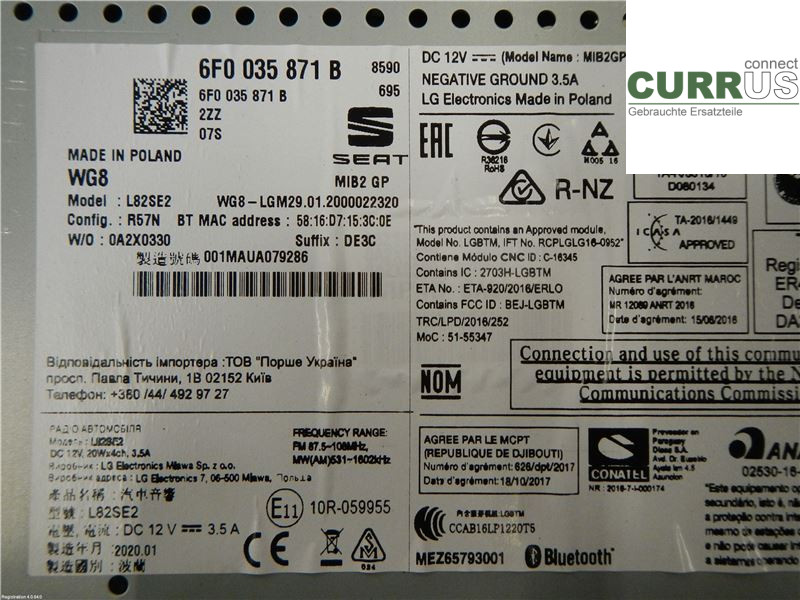 SEAT IBIZA V  17-20 Radio-CD-/Multimedia-Panel 6F0035871B 1.0L DKRF