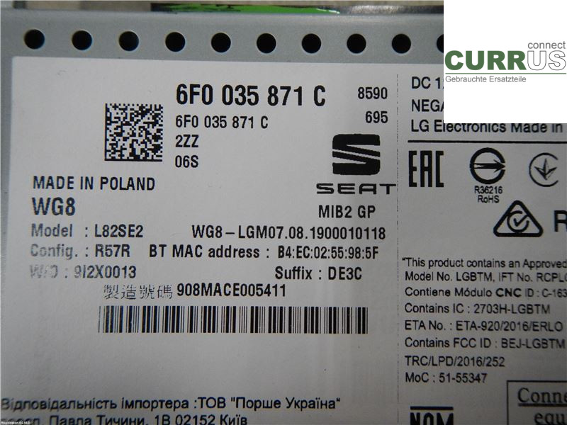 SEAT ARONA Radio CD / panel multimedialny 6F0035871C 1.0L DBYA