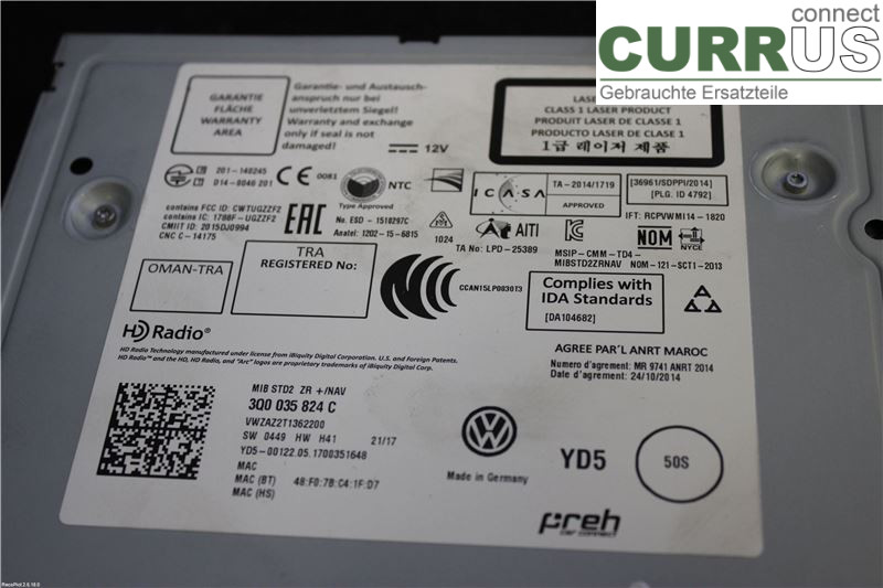 VW GOLF / E-GOLF VII   13-20 Radio CD / Multimedia panel 3Q0035824C 
