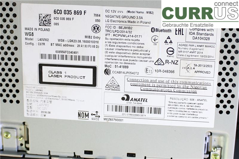 VW POLO       10-17 Radio-CD-/Multimedia-Panel 6C0035869F CJZC