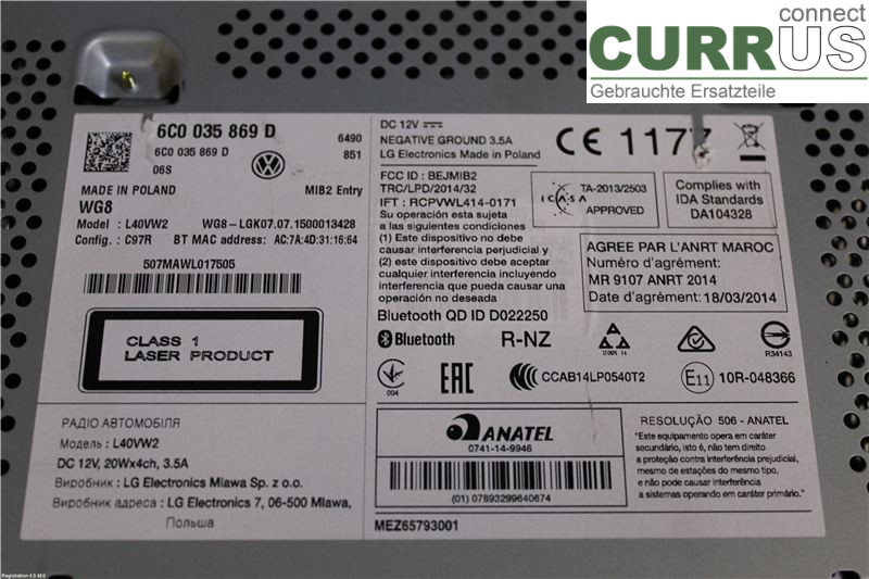 VW POLO       10-17 Radio-CD-/Multimedia-Panel 6C0035869D 