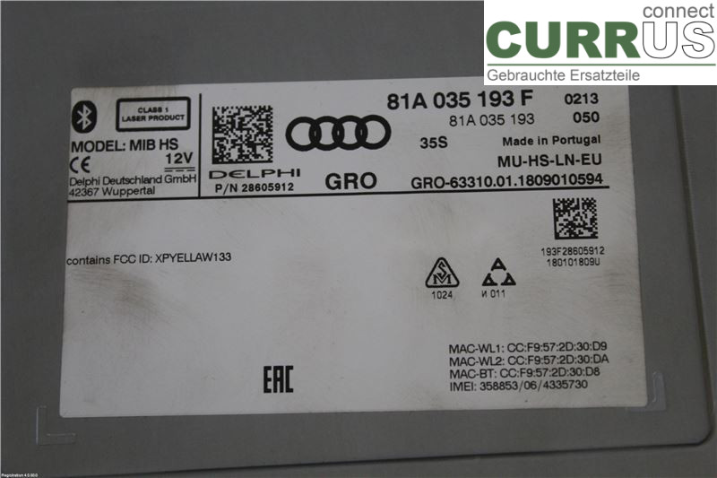 AUDI A3/S3 8V  13-20 Radio-CD-/Multimedia-Panel 81A035193F 