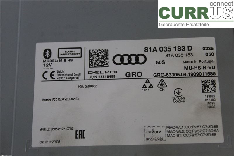 AUDI A3/S3 8V  13-20 Radio-CD-/Multimedia-Panel 81A 035 183 D  DKRF