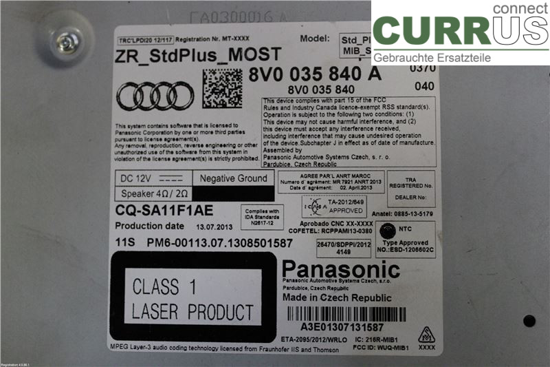 AUDI A3/S3 8V  13-20 Radio-CD-/Multimedia-Panel 8V0 035 840 A CXSA