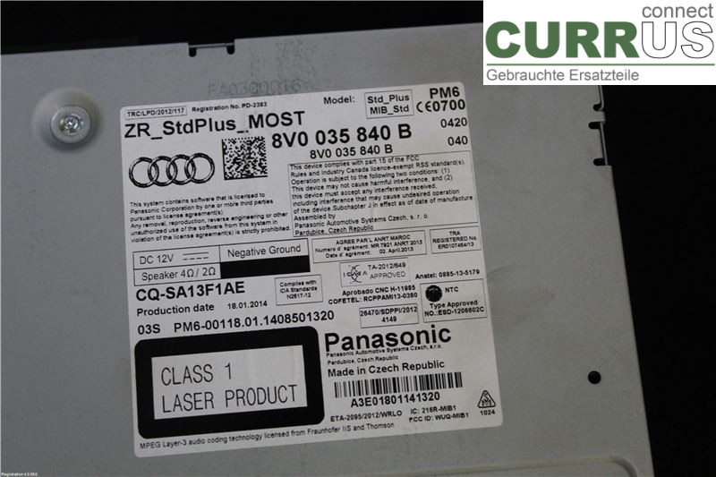 AUDI A3/S3 8V  13-20 Radio-CD-/Multimedia-Panel 8V0035840B CRKB
