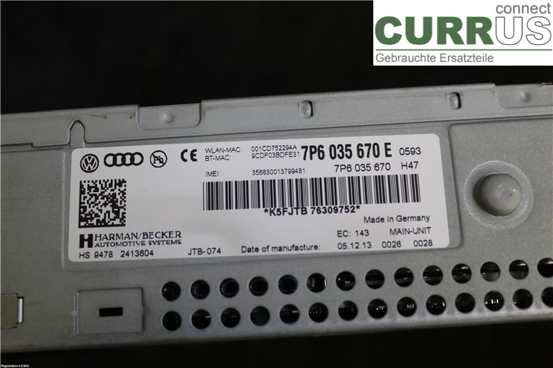 VW TOUAREG 7P  11-18 Radio-CD-/Multimedia-Panel 7P6 035 670 EX CJMA