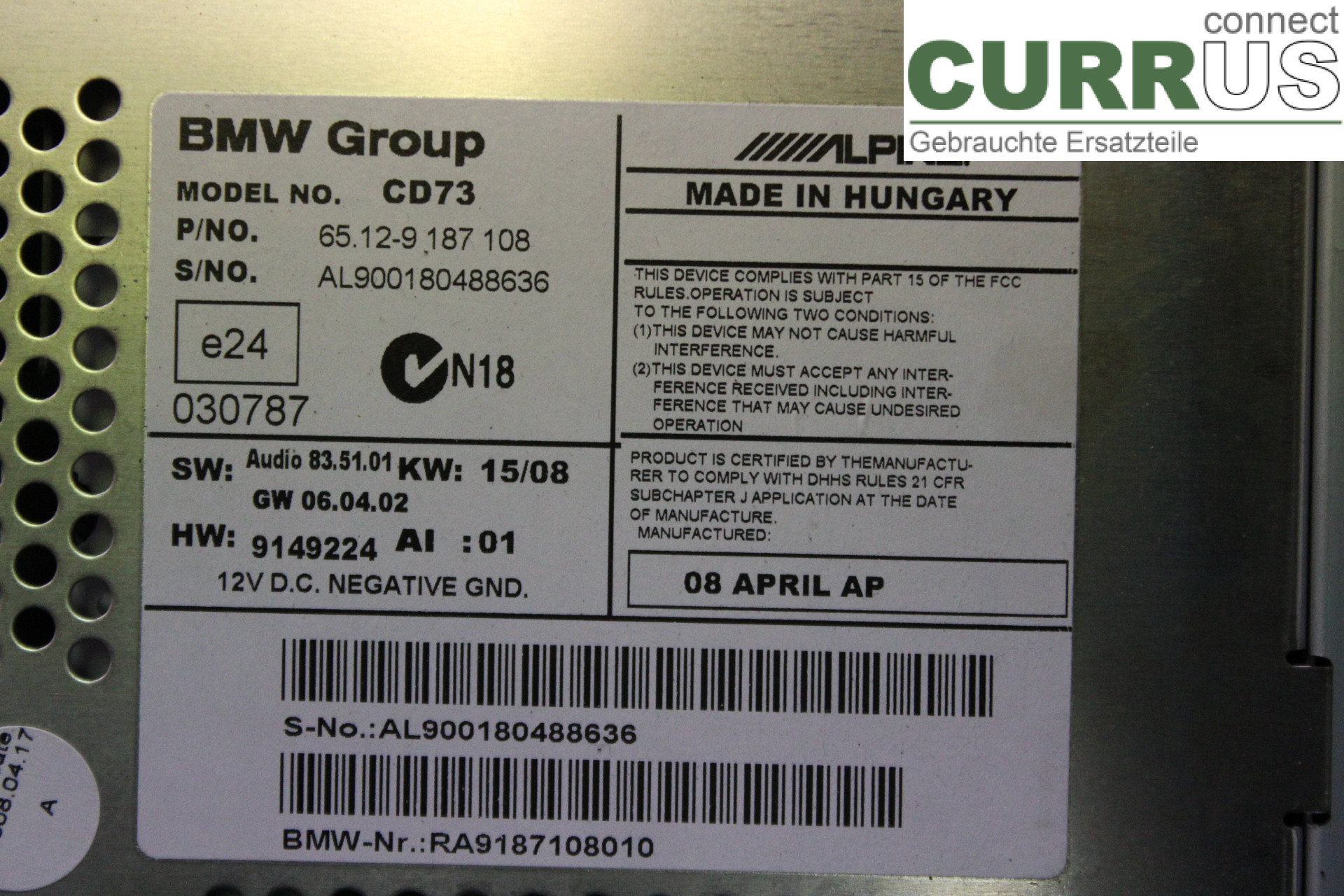 BMW 3 E90/91 SED/TOU 05-12 Radio CD / Multimedia panel 65129187108 2,0D/N47D20A
