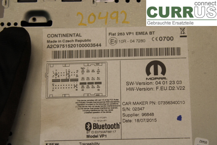 FIAT DOBLO CARGO Radio CD / panel multimedialny  1.6D/263A5000