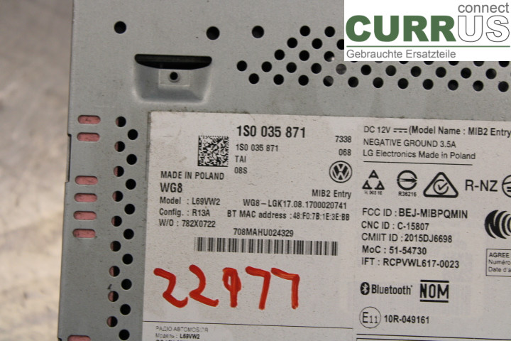 VW UP! / E-UP! Radio CD / Multimedia panel 1S0035871 1.0/CPGA