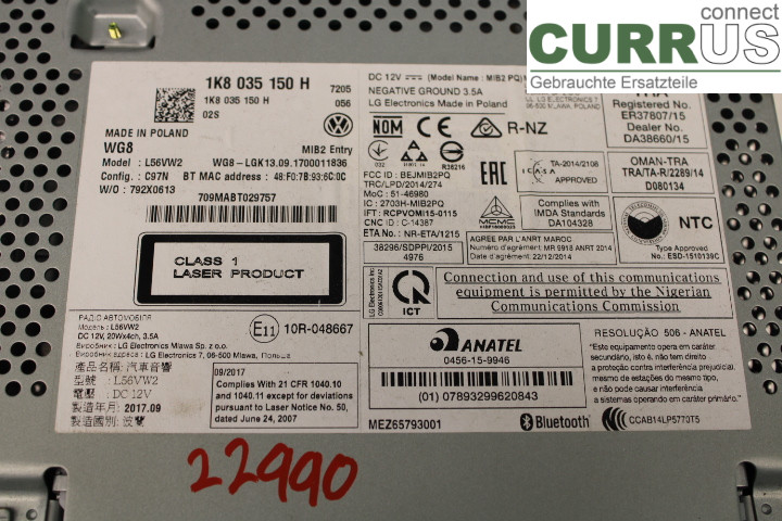 VW TRANSP/CARAVELLE 16- Radio CD / Multimedia panel 1K8035150H 2.0TDi/CXHA