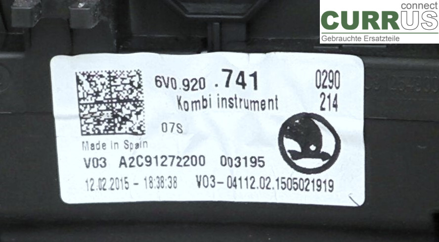  Instrument cluster / comb 6V0920741 1.4TDI