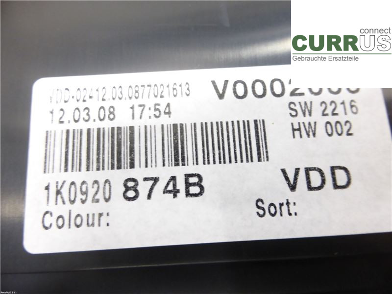 VW GOLF PLUS/CROSS GOLF 04-14 Instrumentenkombination 1K0920874BX BLS