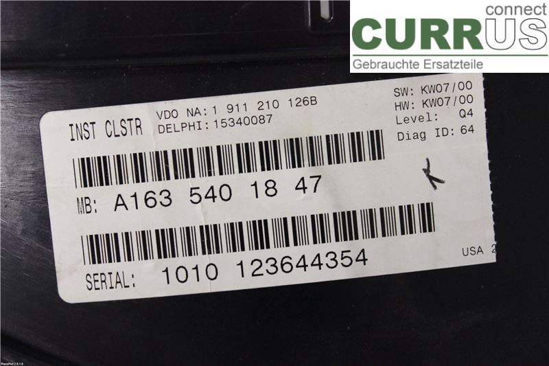 MB ML (W163)    97-05 Instrument cluster / comb A1635401847 2,7CDI