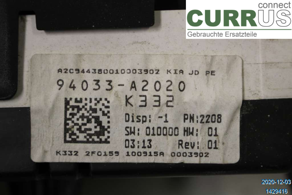 KIA CEED  12-18 Bloc instruments / combiné 94033A2020 1,6 CRDI