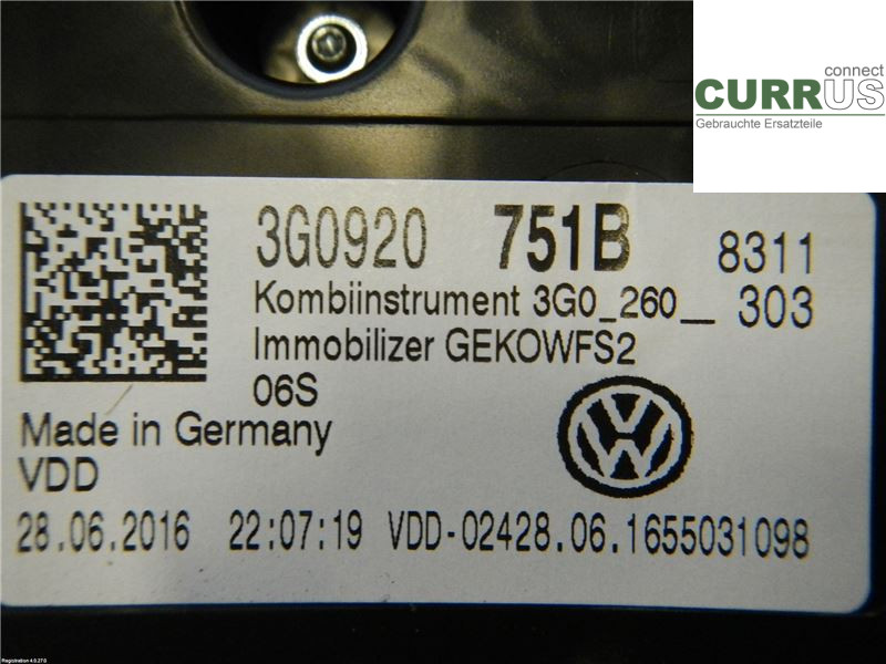 VW PASSAT  15-19 Instrument cluster / comb 3G0920751B 2,0 TDI
