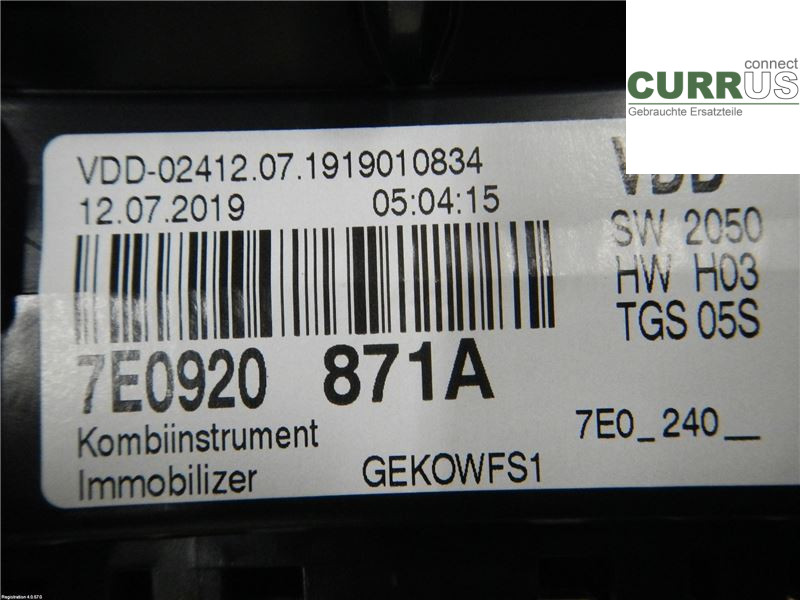 VW TRANSP/CARAVELLE 16- Instrumentpanel / kombiinstrument 7E0920871AX 2,0L CXHA