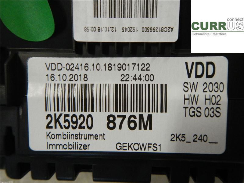 VW CADDY  16-20 Instrument cluster / comb 2K5920876MX 1.4L CPWA