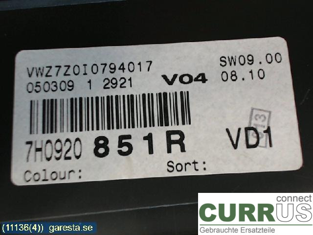 VW TRANSP/CARAVELLE 04-15 Bloc instruments / combiné 7H0920851R 1.9TDI, 75KW BR